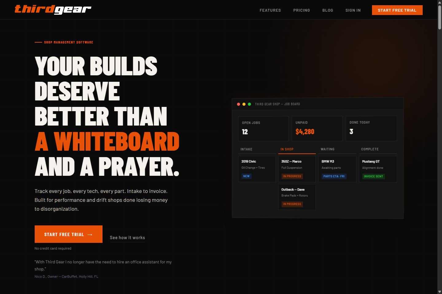 The Third Gear Shop app, showing the job board dashboard for managing shop builds